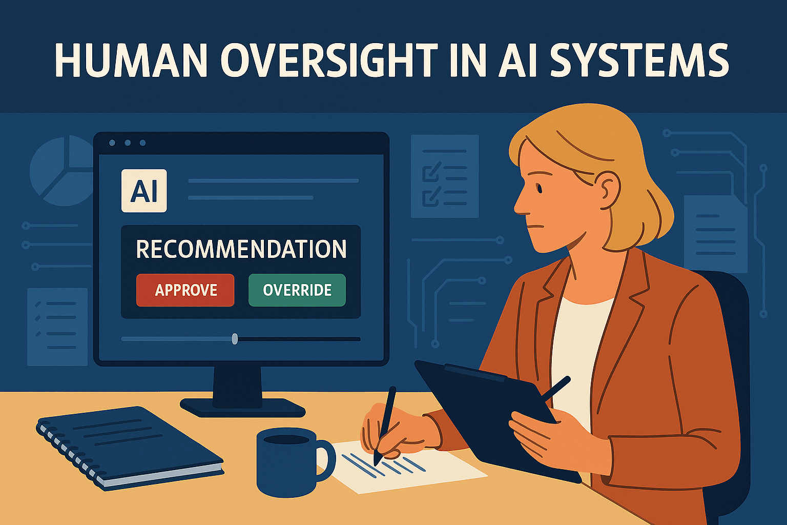 Human Oversight in AI Systems - Professional analyzing AI dashboards with critical oversight